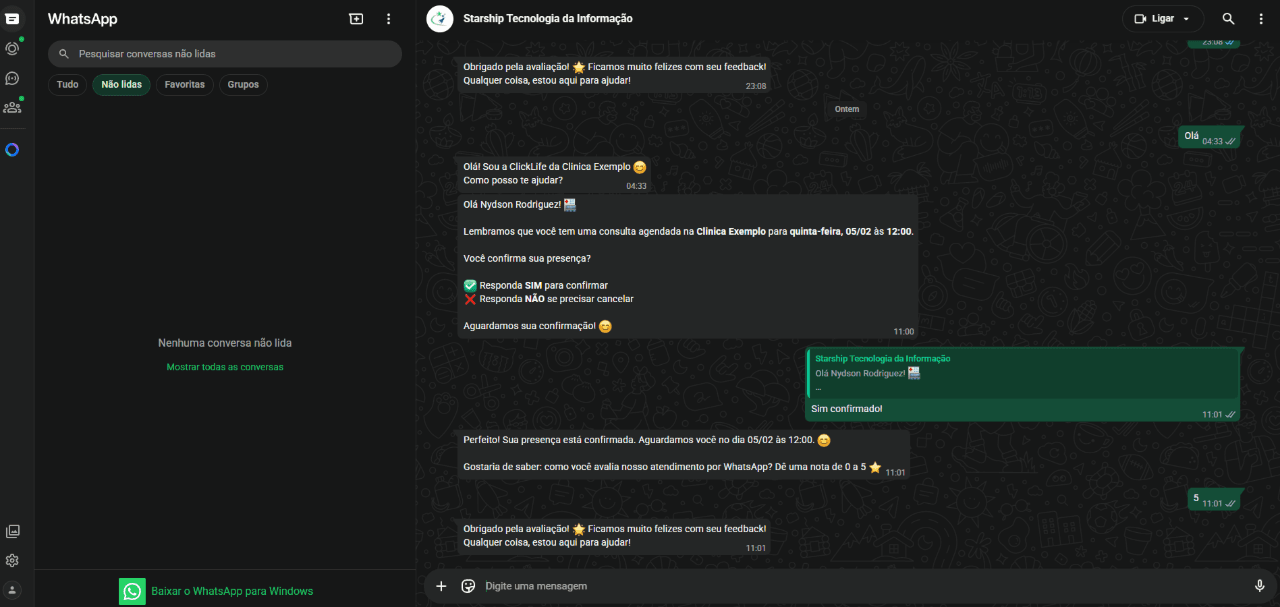 Interface de chatbot para WhatsApp com fluxo de atendimento ao cliente
